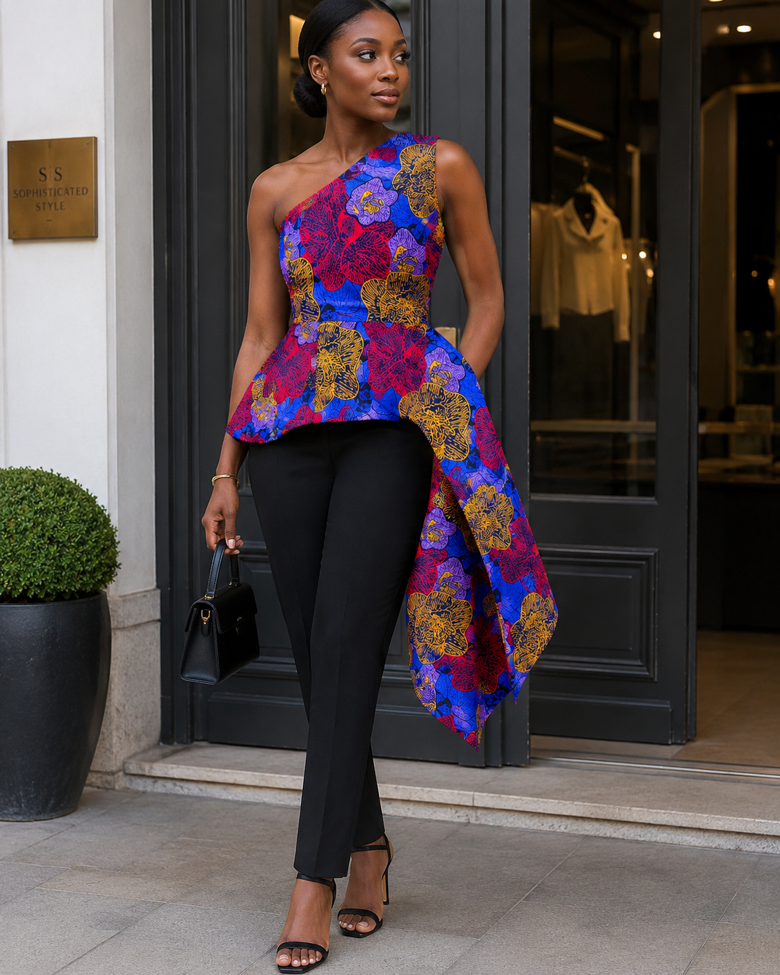A woman models a sleeveless one-shoulder peplum top with a vibrant floral pattern in blue, magenta, and gold, paired with black pants and holding a small black handbag.