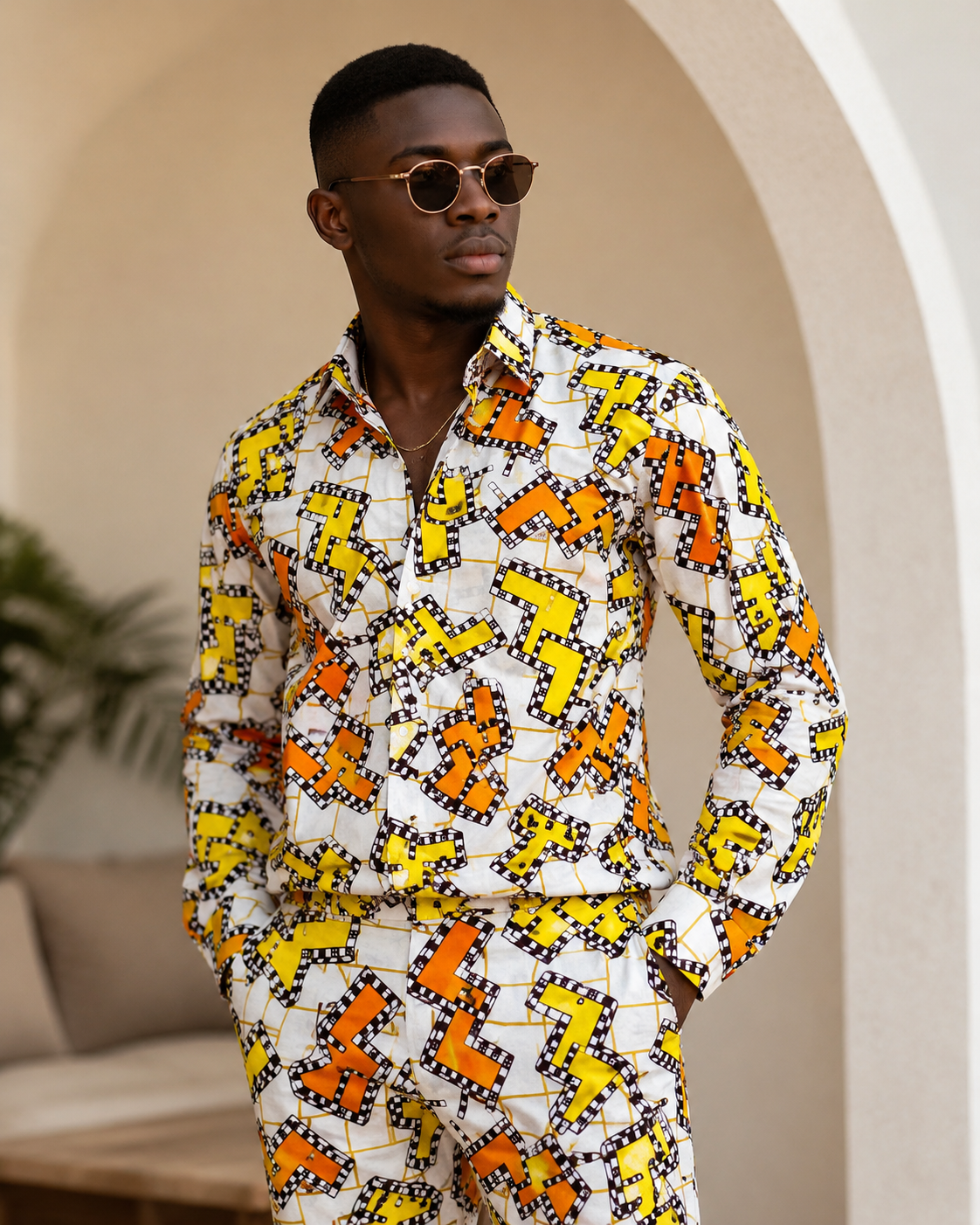Man wearing a colorful patterned outfit standing outdoors.