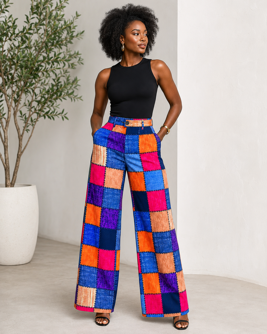 A woman modeling high-waisted, wide-leg pants with a colorful patchwork checkered pattern in shades of blue, pink, orange, purple, and beige, paired with a black sleeveless top and brown sandals.