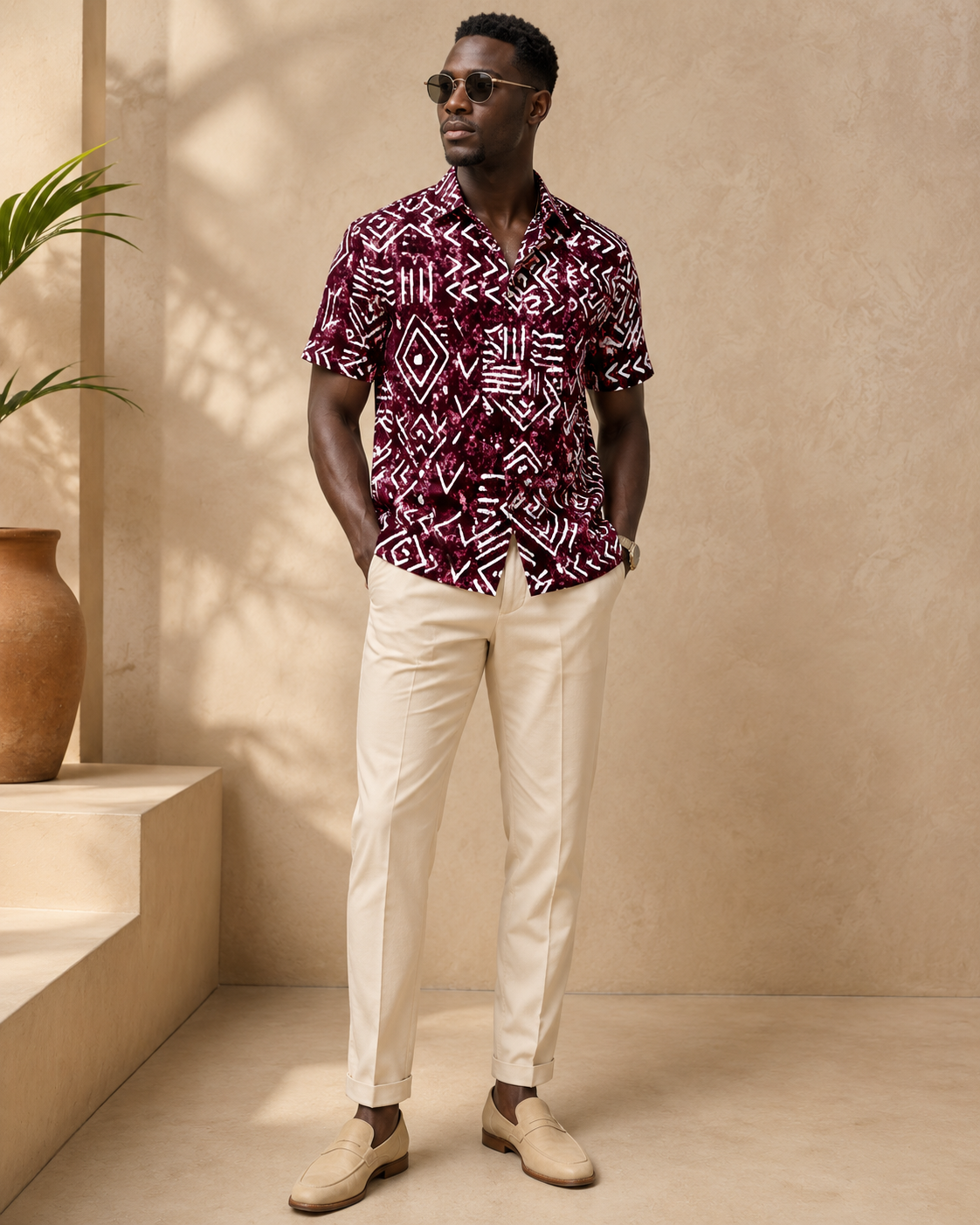 Man wearing a patterned shirt and white pants standing against a beige wall.