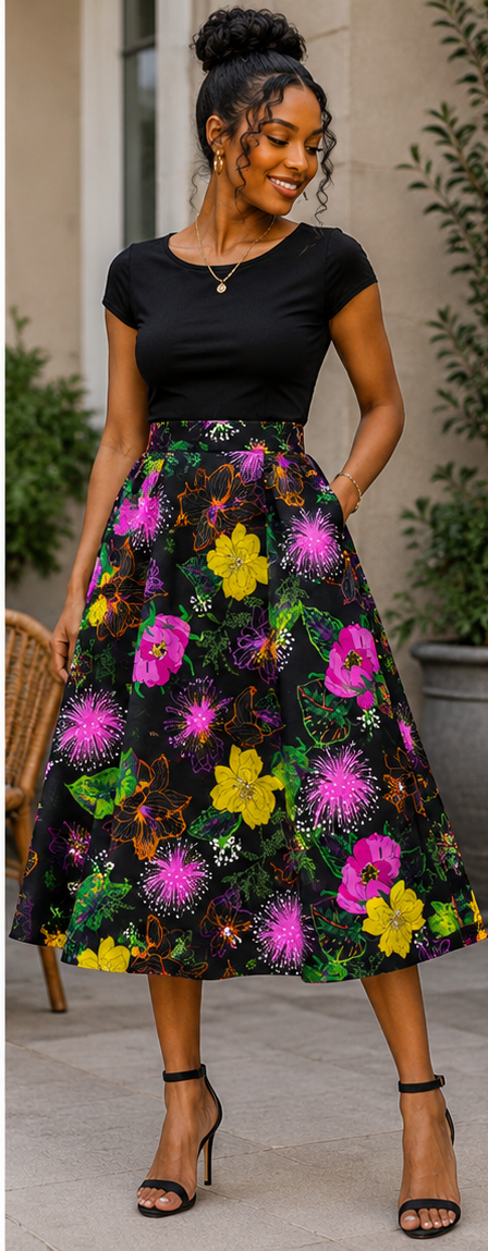 A woman wearing a black short-sleeve top and a black midi skirt with a vibrant multicolor floral print featuring pink, yellow, and green flowers, paired with black high-heeled sandals.