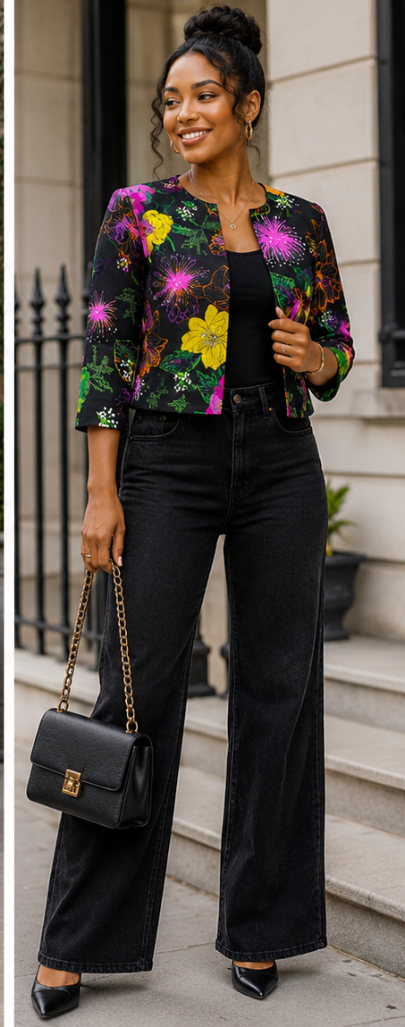 A woman stands outdoors wearing a black cropped jacket with a colorful floral print, black wide-leg pants, and black pointed shoes, while holding a black handbag.